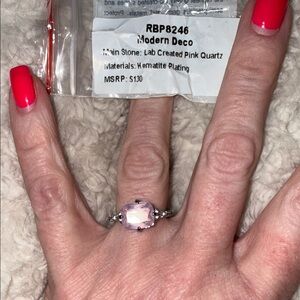 Modern Deco Pink Quartz Ring with Hematite-Plated Band